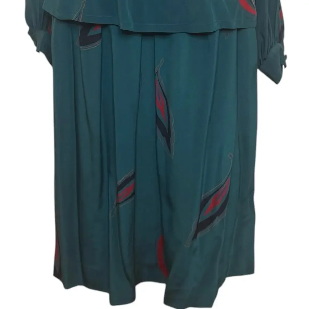 Vintage Albert Nipon 100% Silk Skirt Blouse Set with Belt Feather Print